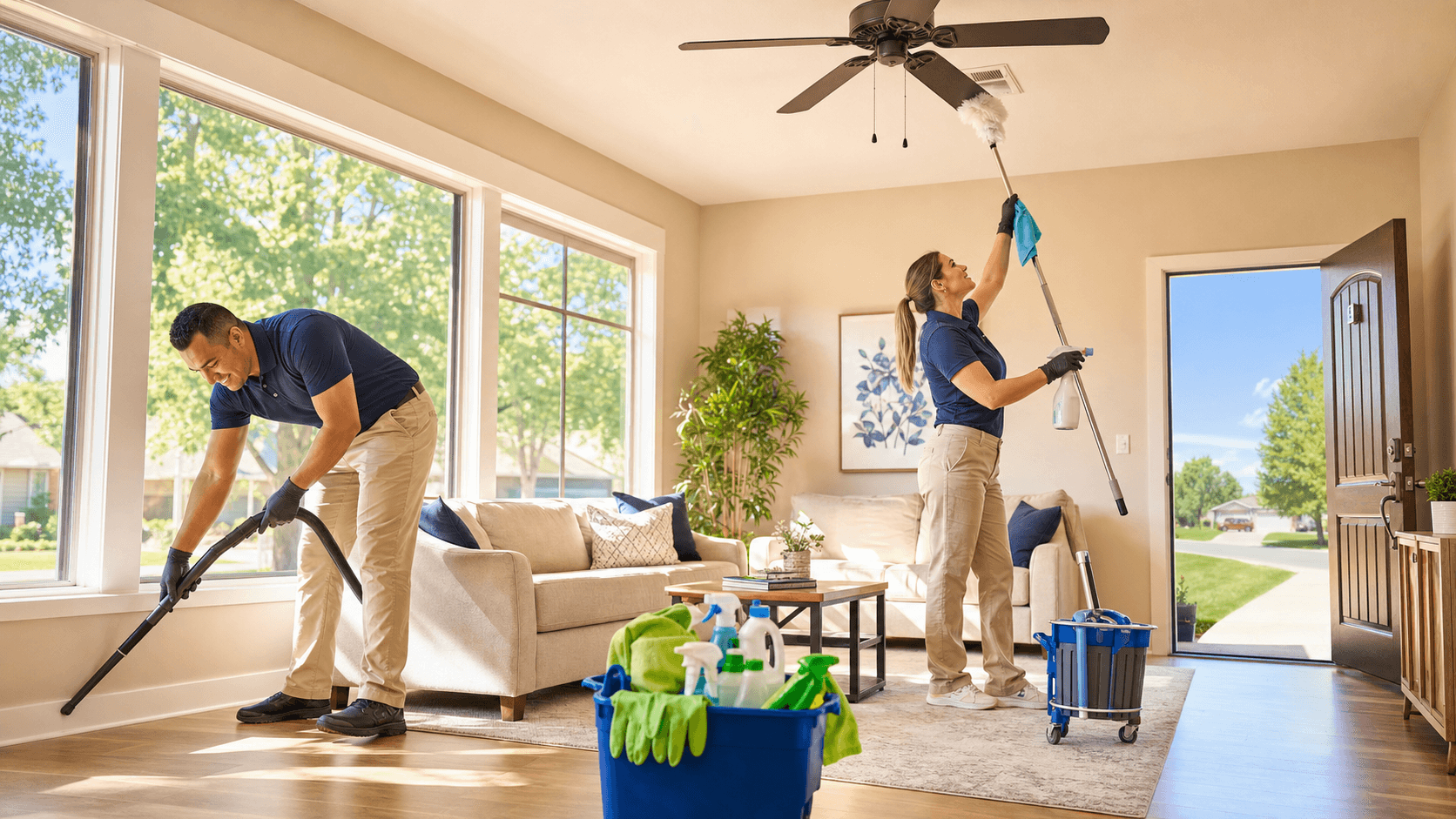 Sunlit living room with open windows, a mop and bucket on hardwood floor, and cleaning supplies on a table