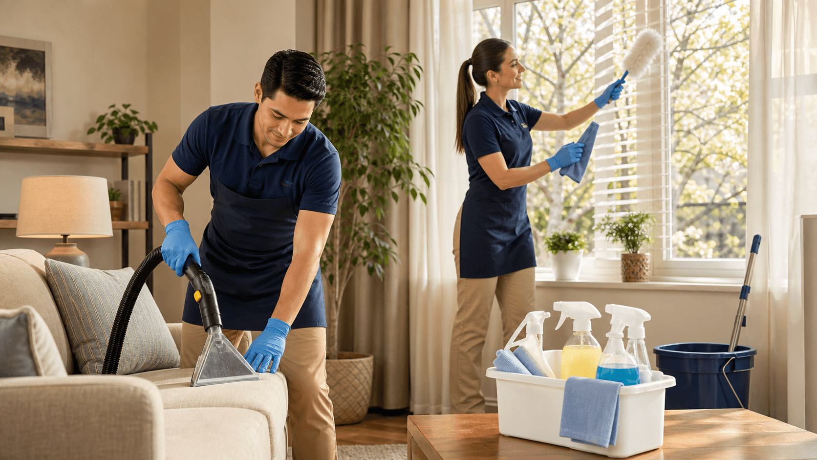 Sunlit living room with a person vacuuming a beige rug, pollen-like dust motes floating near an open window.