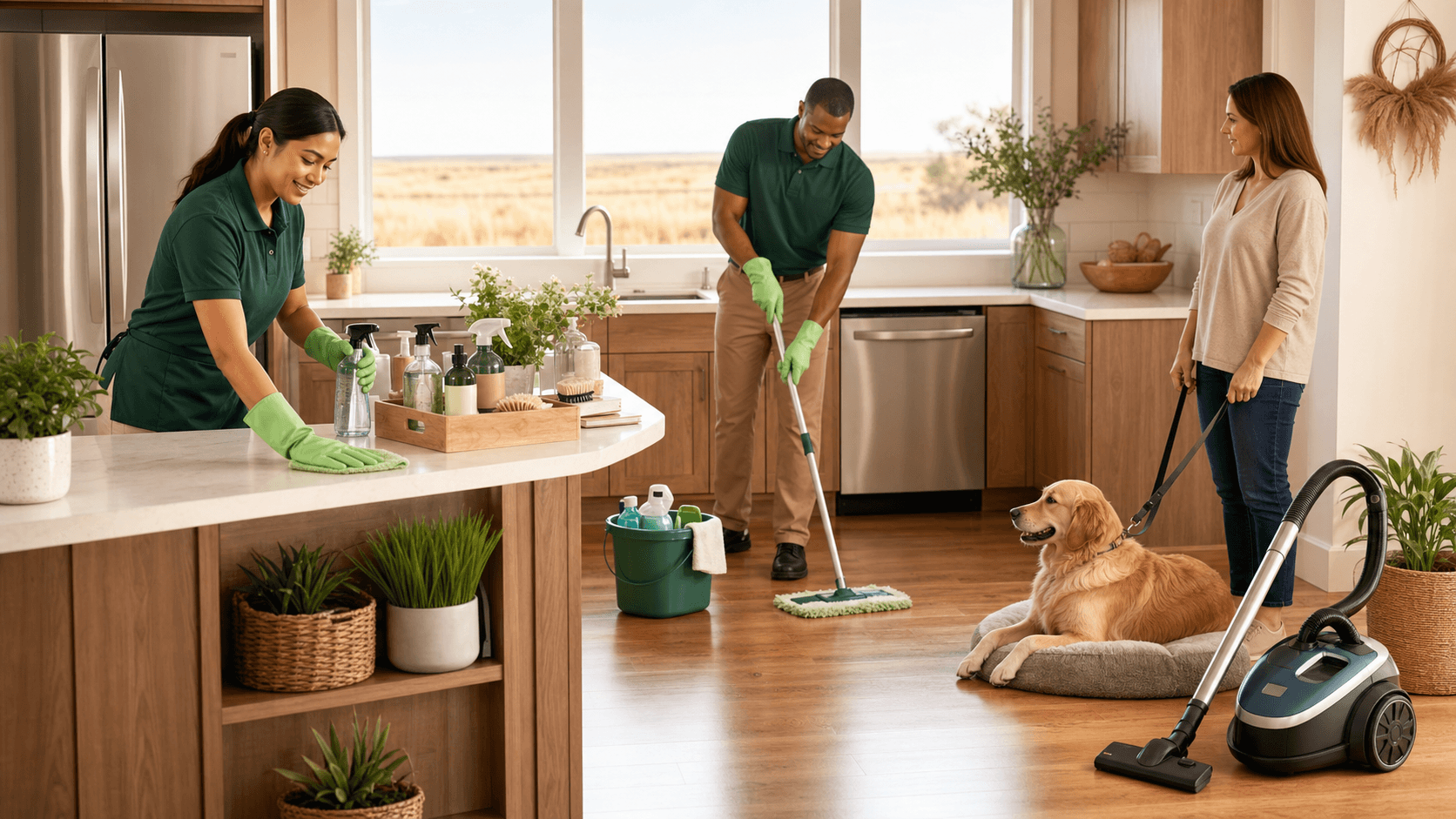 Flat lay of green cleaning spray, sponge, and paw print on a light wood table with soft natural light.