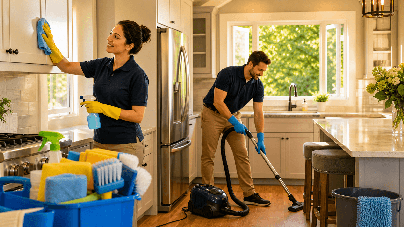 Sunlit living room with open windows, a vacuum and mop on hardwood floors, and a bucket of cleaning supplies.
